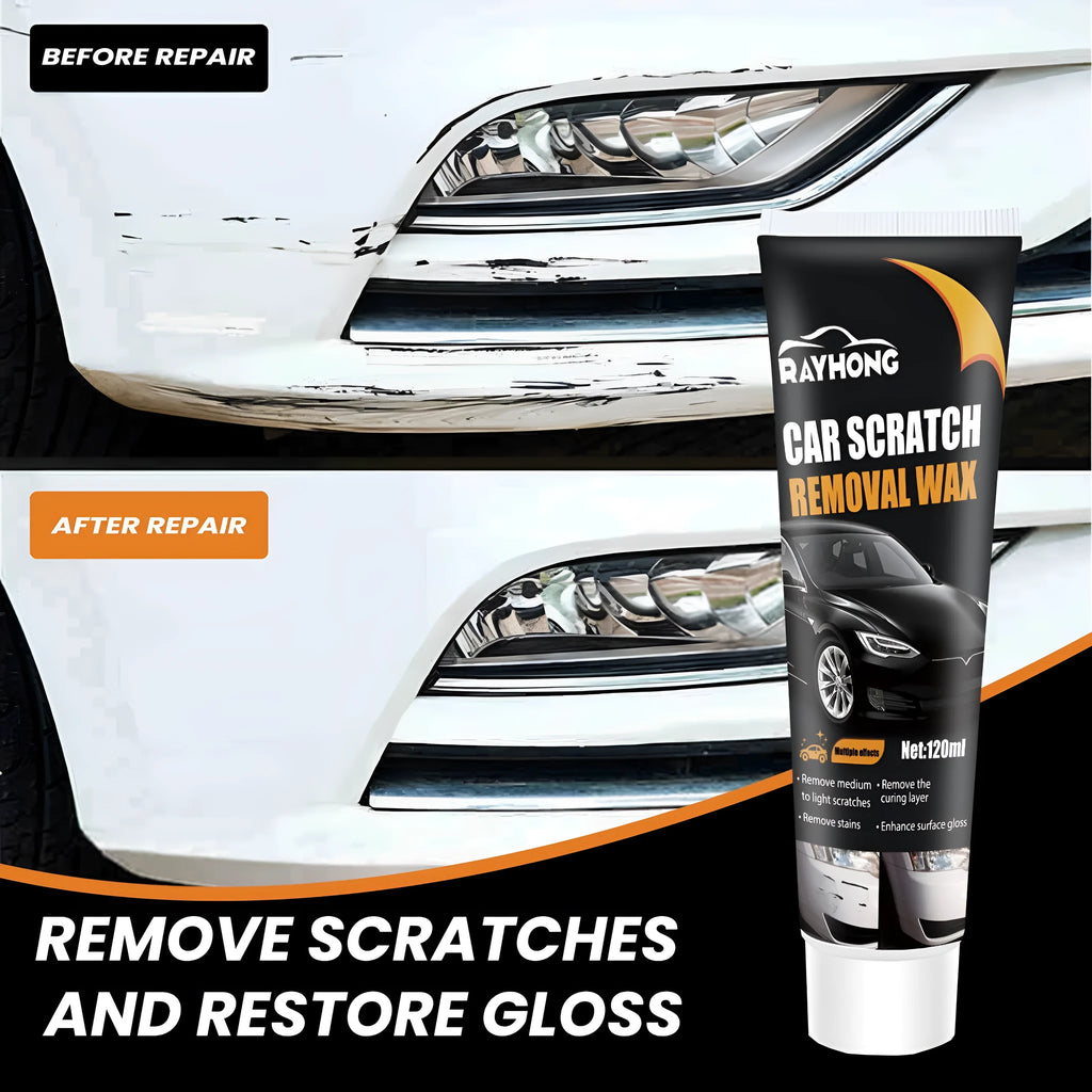 Car scratch wax polish kit with 120ml bottle, application sponge, and microfibre towel