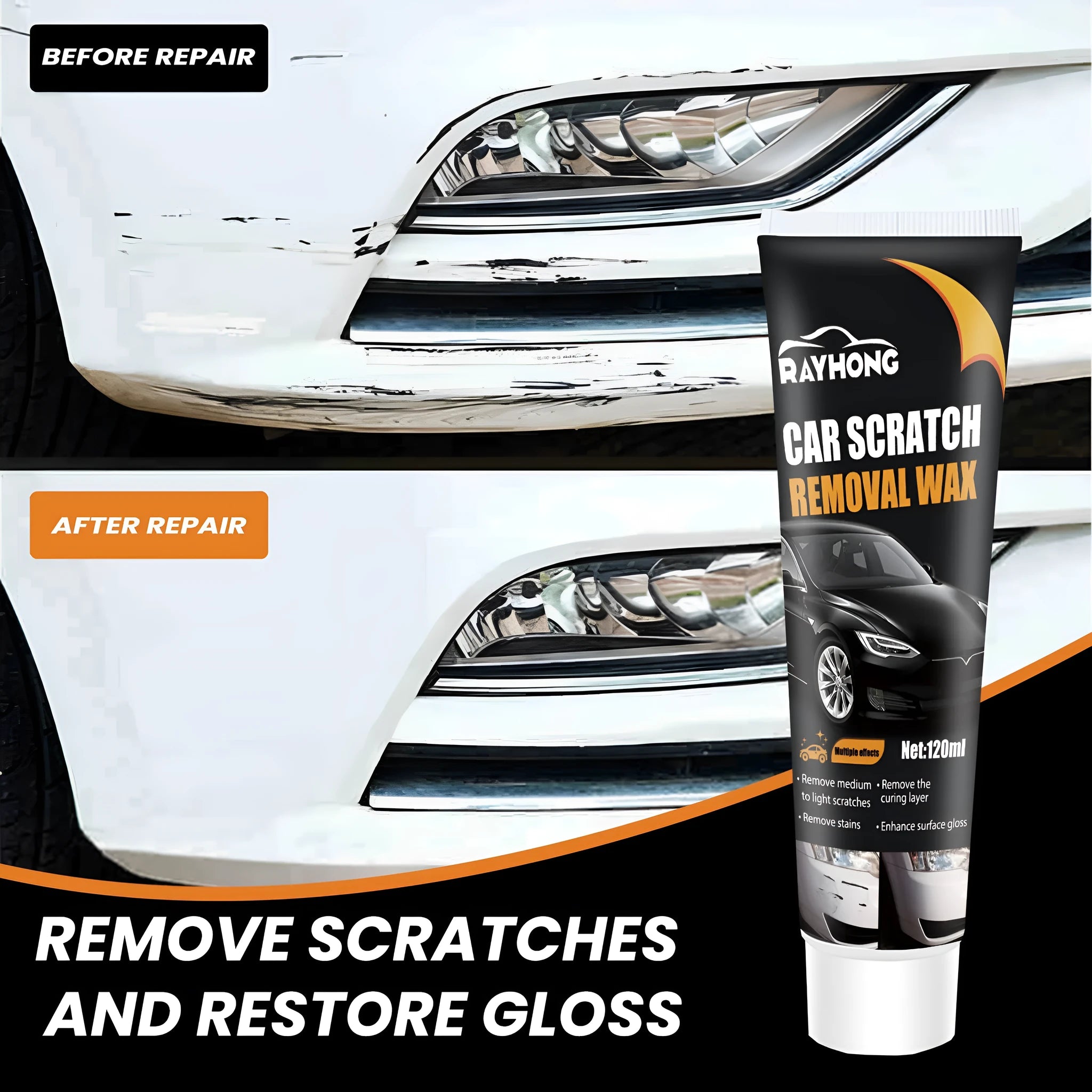 Car scratch wax polish kit with 120ml bottle, application sponge, and microfibre towel