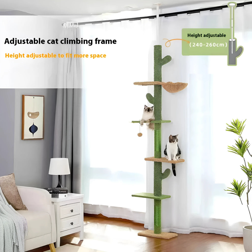 Tall solid wood cat tree with integrated scratch board, cat nest, and toy for large cats.