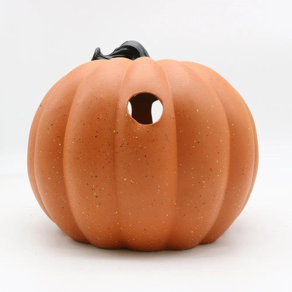 Yellow resin Halloween pumpkin lantern with skull hooded hollow-out design, 23x19cm, for party or yard decoration