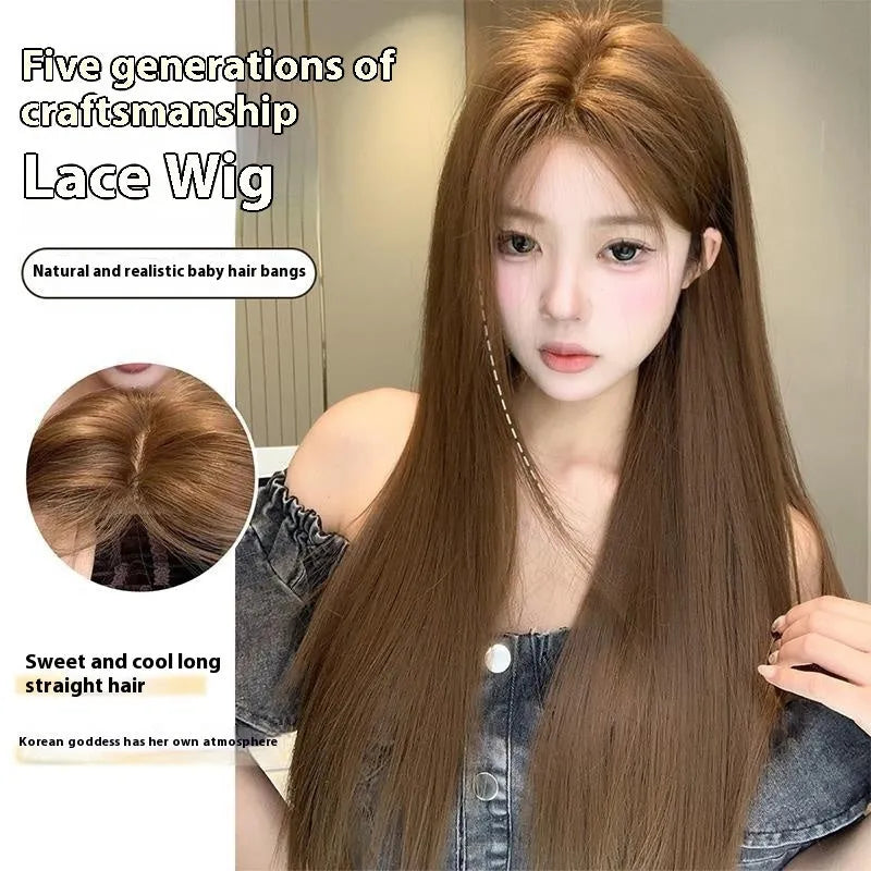 Long straight warm brown wig with centre-parted bangs and lace front construction