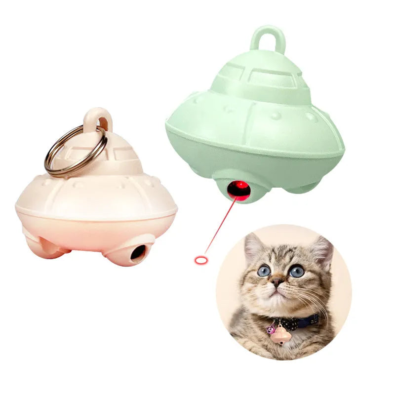 Green cat collar with attached small laser toy unit showing USB charging port.