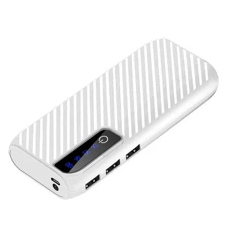 Black 20000mAh mini power bank showing dual USB output ports and compact size