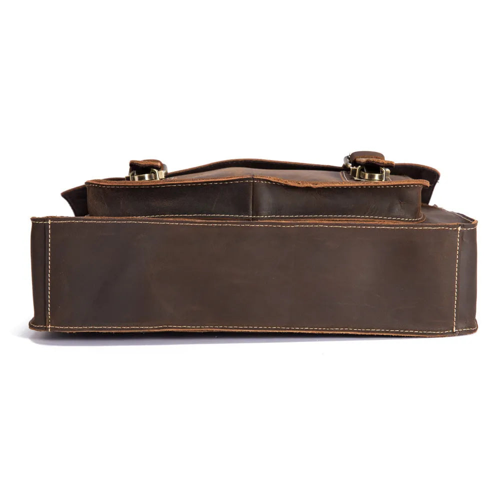 Men's dark brown first layer crazy horse leather handbag with shoulder strap and top handle, 36cm x 9cm x 27cm