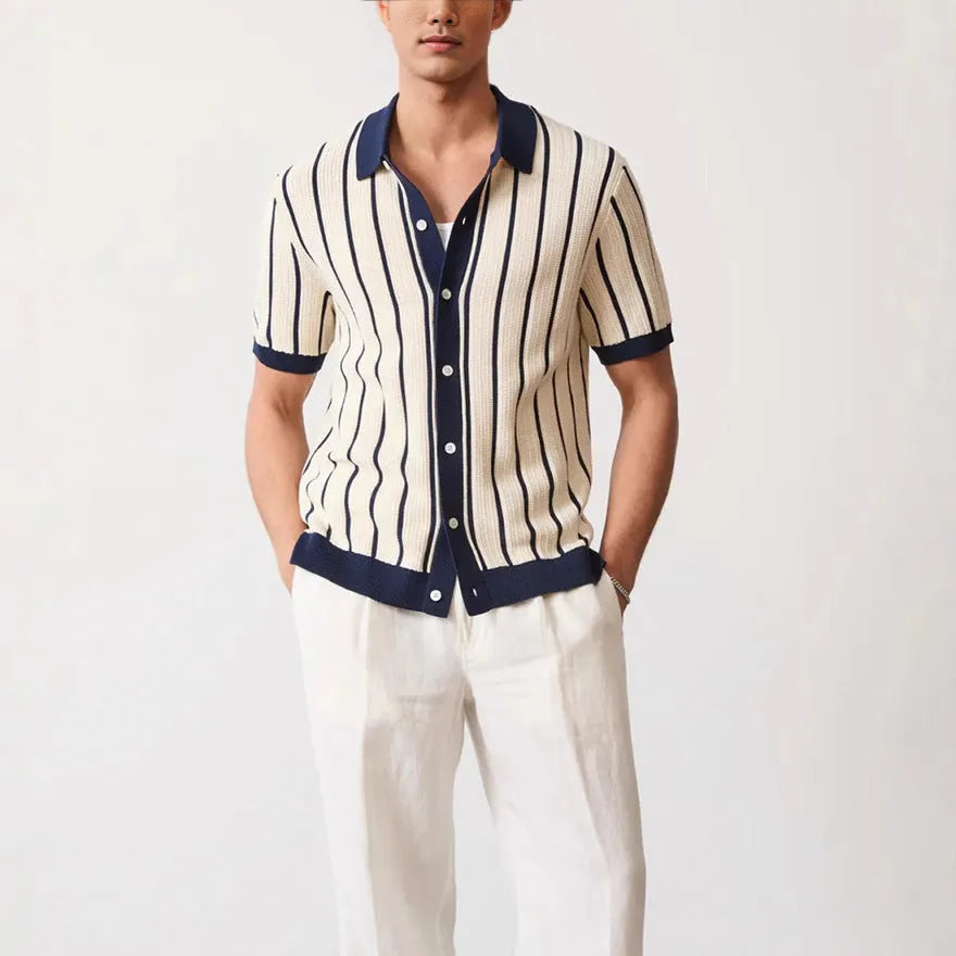 Men's white asymmetric lapel short sleeve knitted shirt with stripe pattern