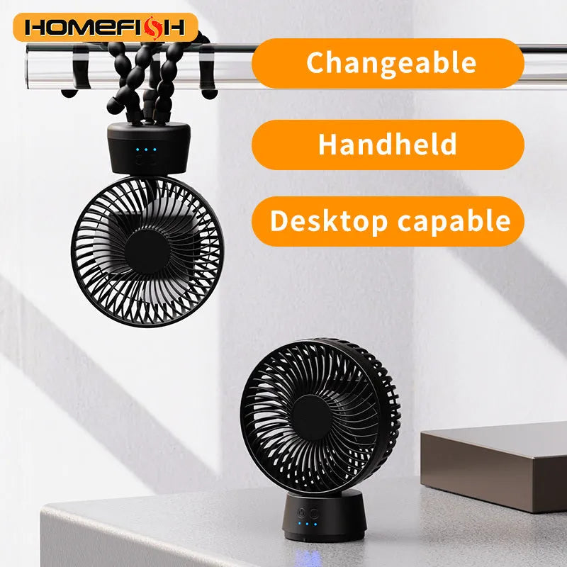 HOMEFISH F2 handheld fan with automatic shake head, LED light, and removable mounting bracket.