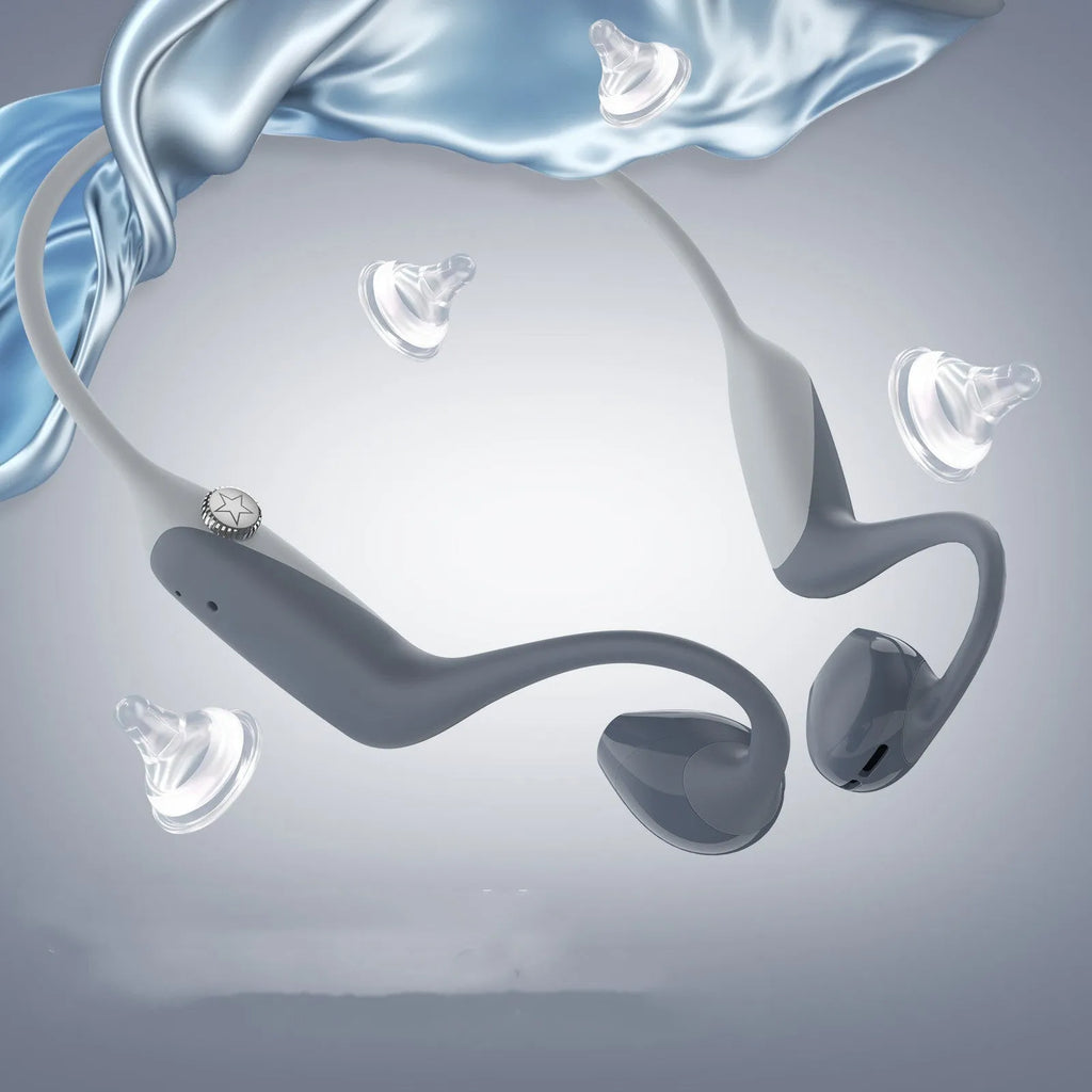 Bone conduction open sports Bluetooth headset in blue with ear hook design