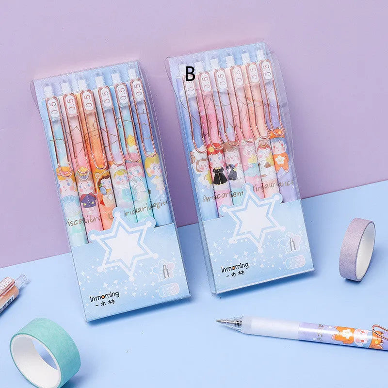 Six constellation-themed press gel pens with zodiac designs and 0.5mm tips