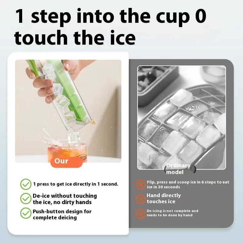 Food-grade plastic ice cube tray with one-press release mechanism and storage box in blue or white.