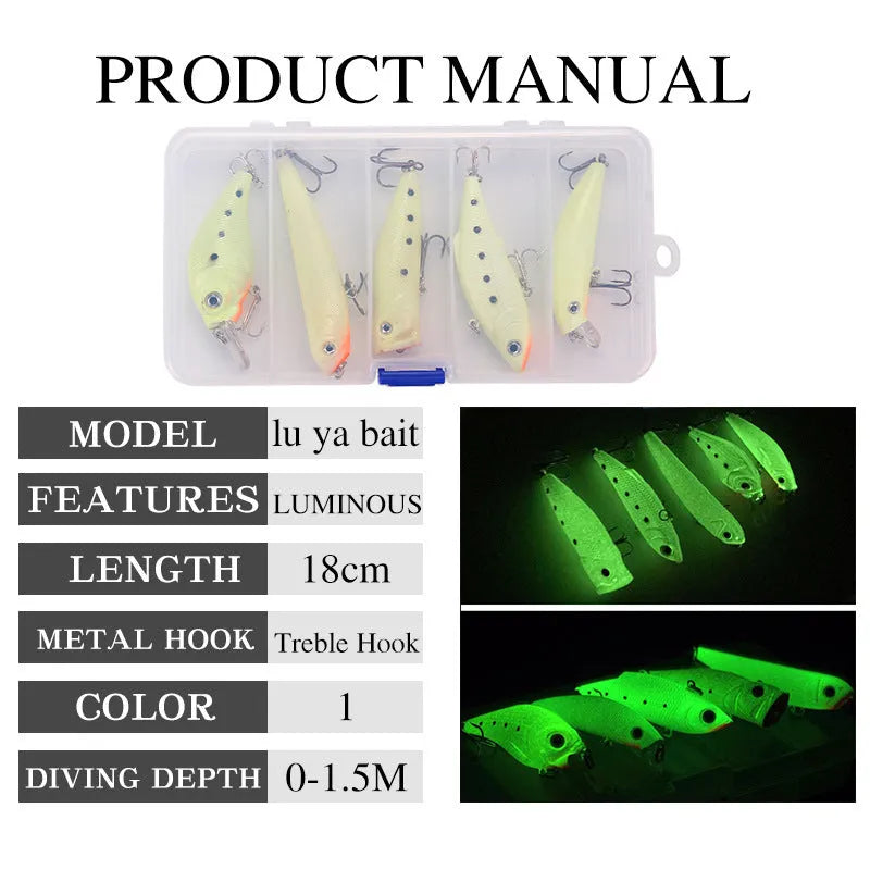 Set of five 3D fluorescent hard bait fishing lures with luminous glow design.