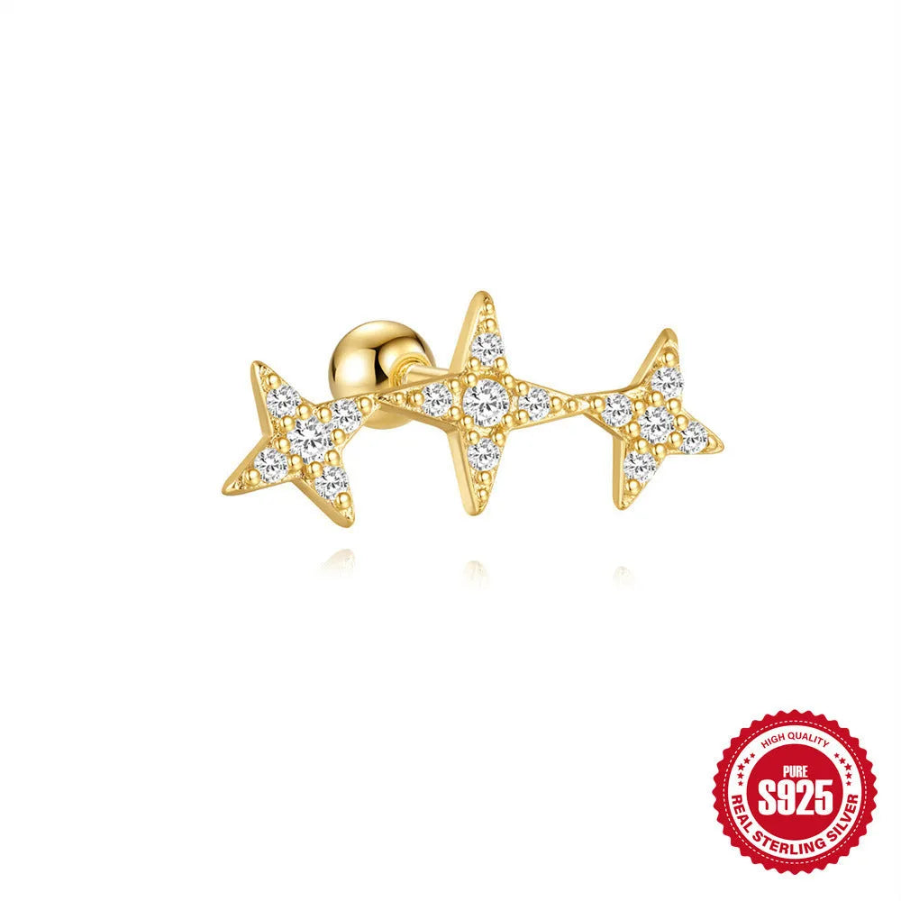 Square gravel floral design sterling silver stud earrings with golden electroplated finish