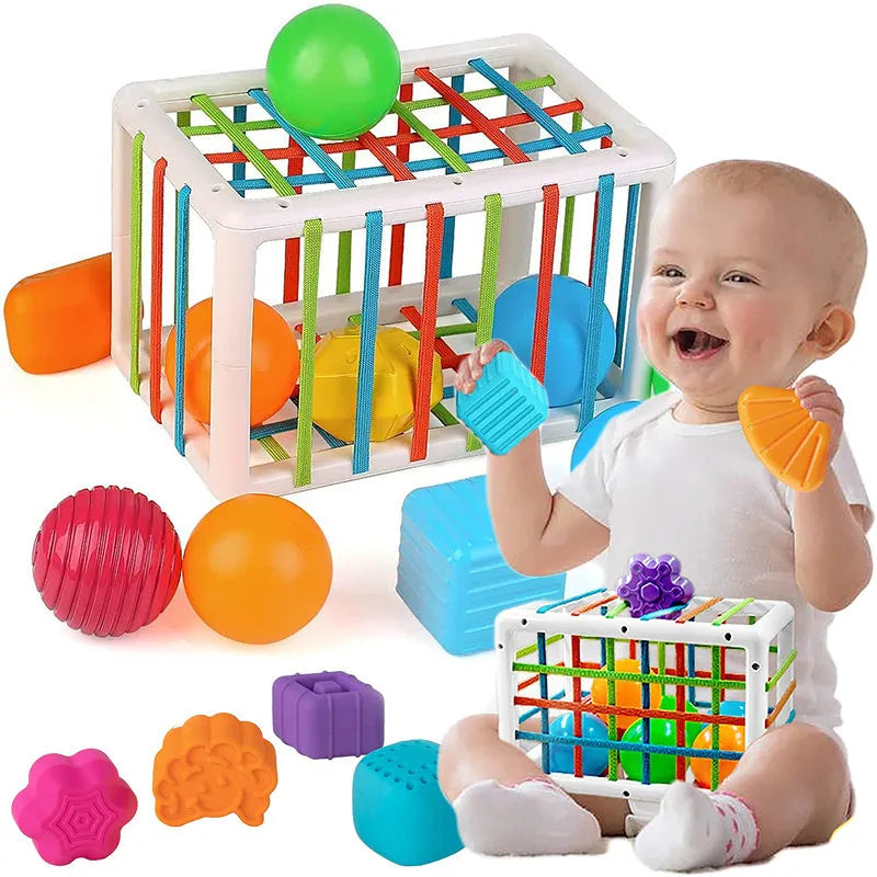 Infant Montessori toy with six plastic shape blocks in rainbow colours on elastic ropes for grip training