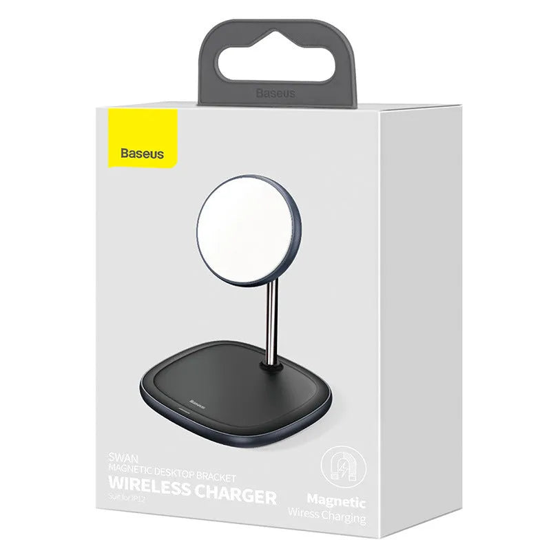 Black magnetic wireless charging stand for Apple iPhone 12 series with device attached at viewing angle