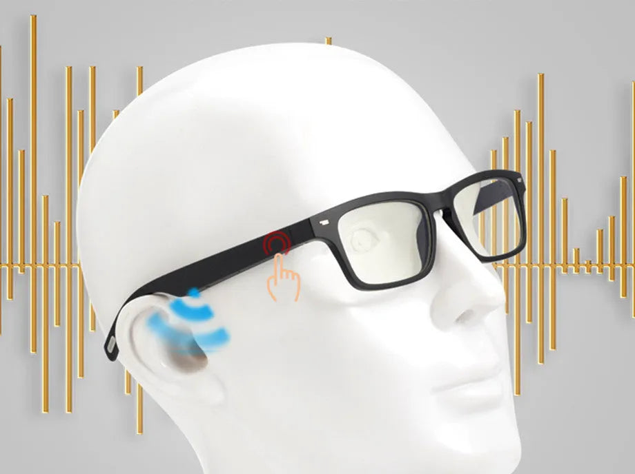 Black smart glasses with Bluetooth open-ear speakers, polarised lenses, and a sporty PC+ABS frame.