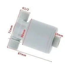 White nylon automatic float valve for purified water systems with BSP thread connections.