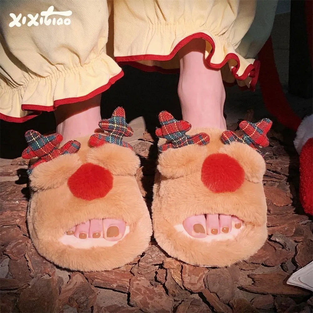 Brown deer cartoon design women's indoor slippers with suede upper and flip-flop style
