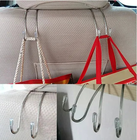 Stainless steel double head hook, silver, 3.4x11 cm, one pair for car seat back or hanger