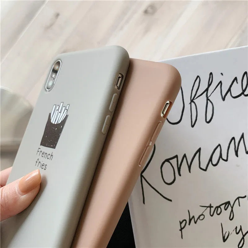 Soft matte silicone phone case with ice coffee and french fries couple designs