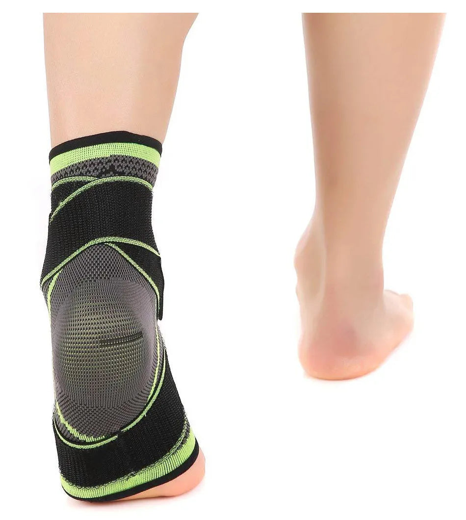 Compression sports ankle support in green, black, and orange colours with free-size elastic fit