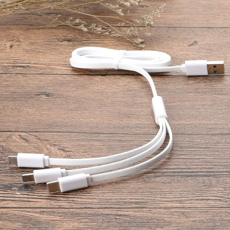3-in-1 charging cable 1m noodle style one-to-three split connector in black or white