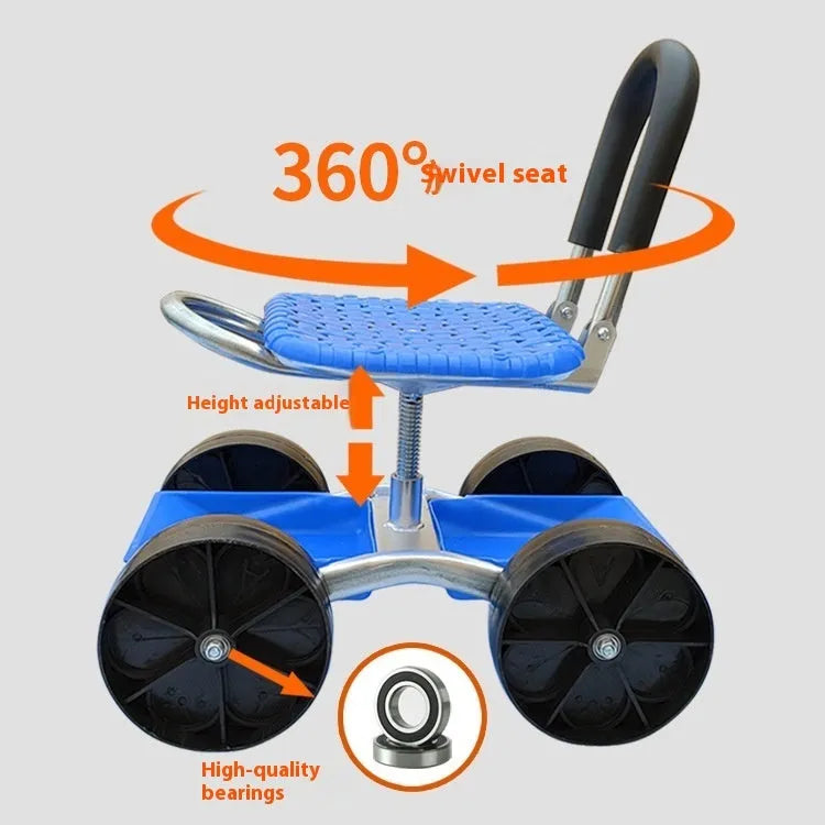 Garden mobile seat with wheels on a lawn, showing galvanized pipe frame and PP seat