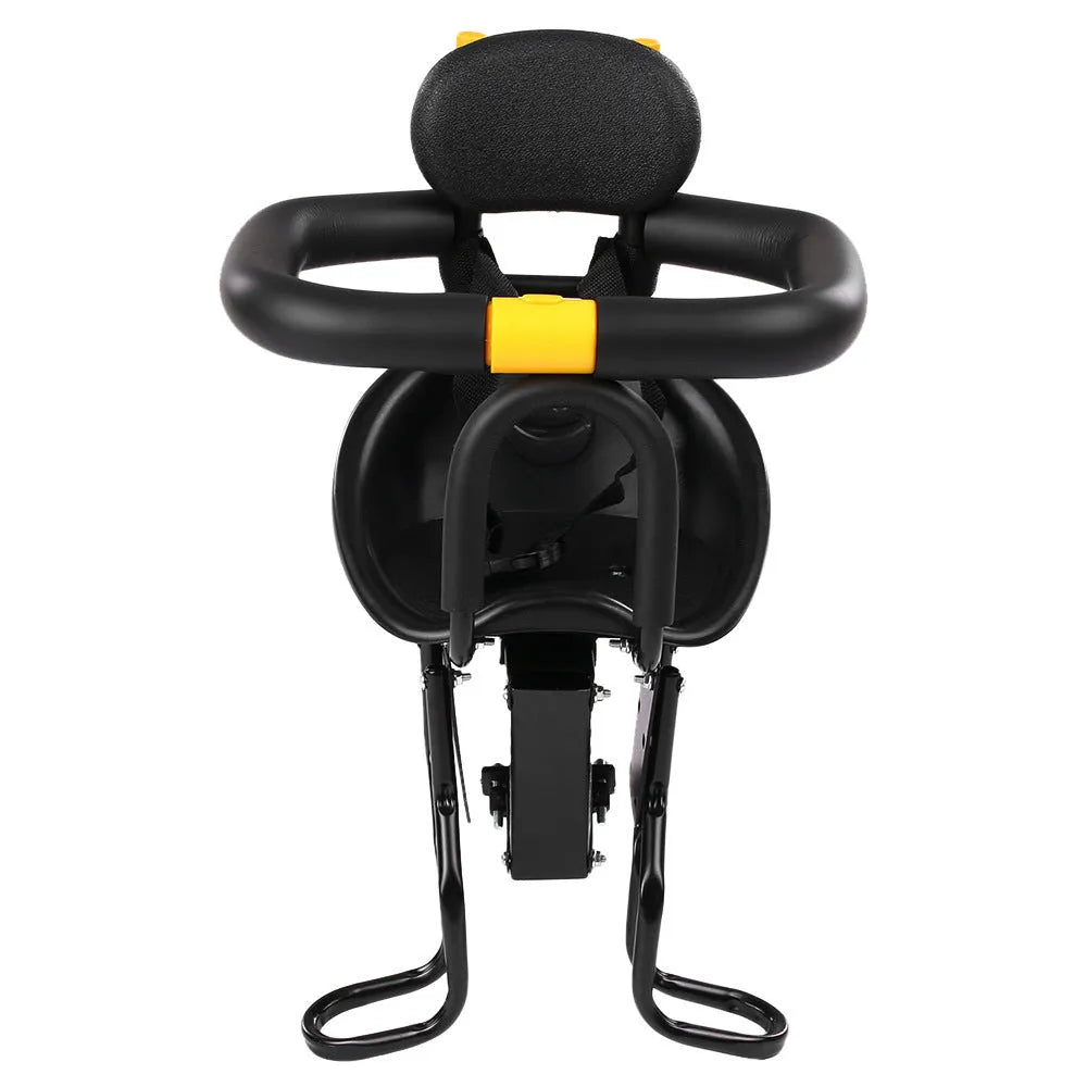 Front mounted steel bicycle child seat on mountain bike, black colour option