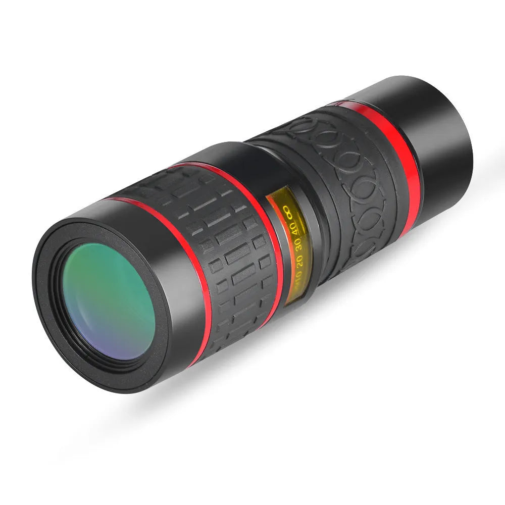 20x magnification cell phone telescope lens with universal clip and single eye mask on a smartphone.