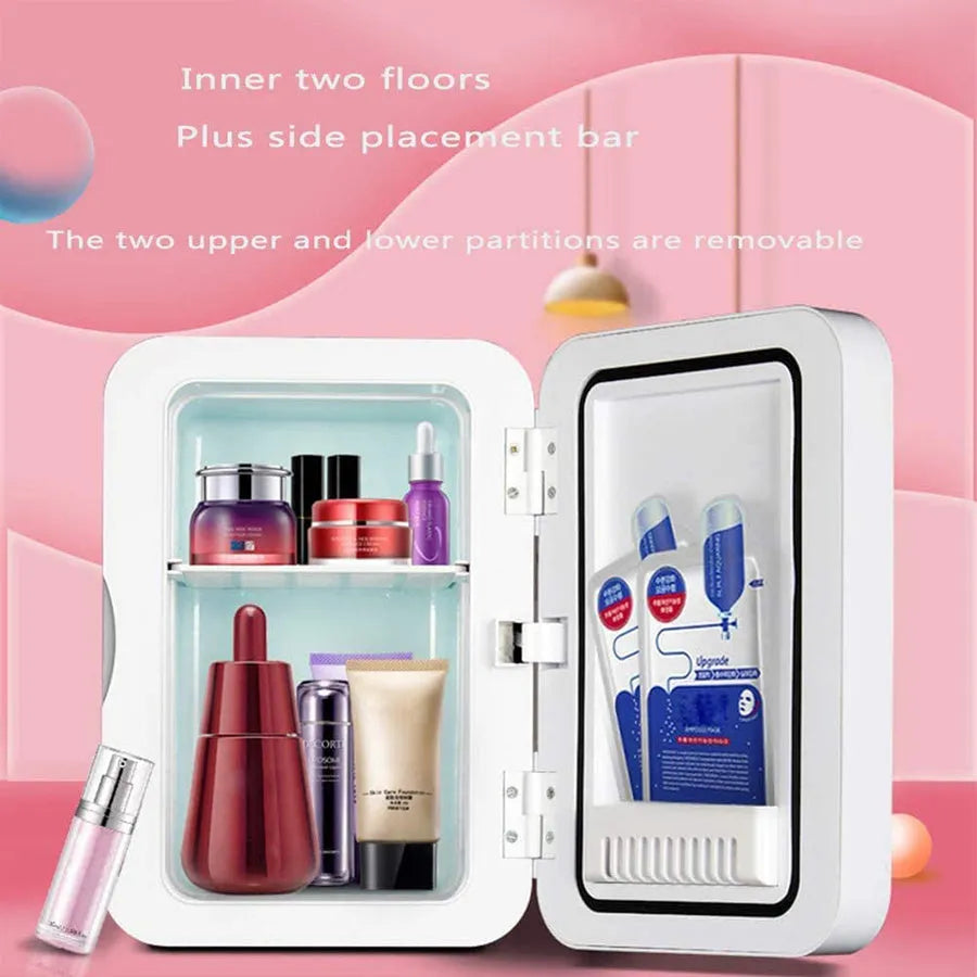 White portable mini makeup fridge with cooling and warming functions for skincare products