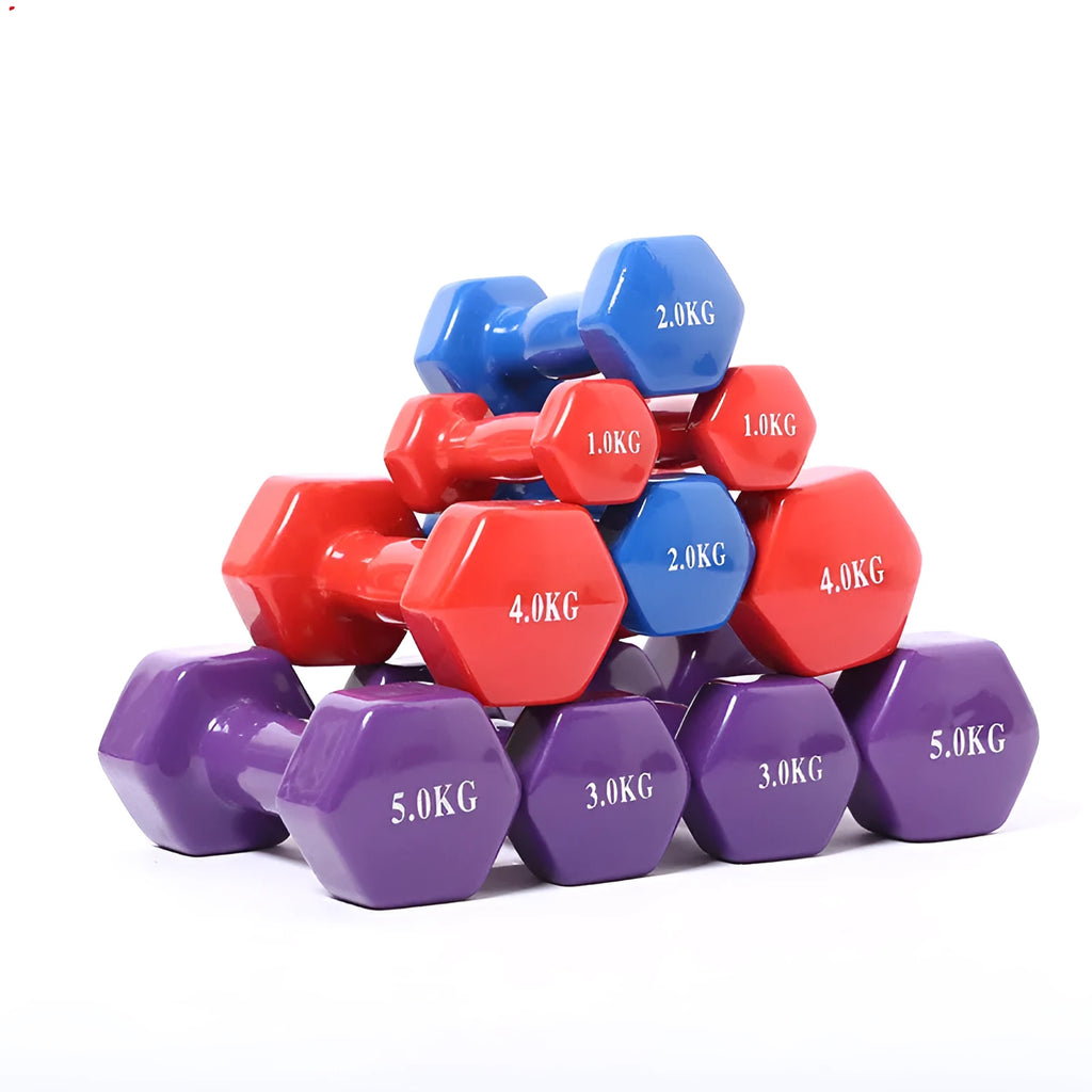 Bright colour plastic fitness dumbbells with glossy surface in 0.5kg 1kg 1.5kg weights for home workouts
