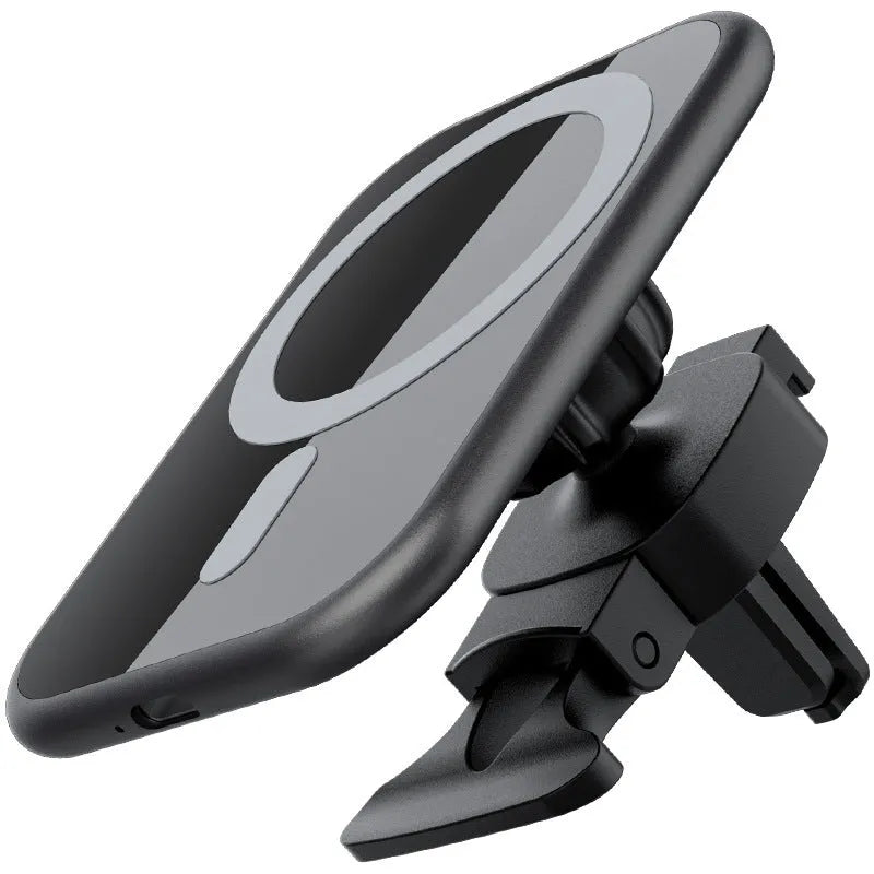 Black magnetic car wireless charging phone holder with USB interface, 15W charging, and indication function for 12V in-car use.