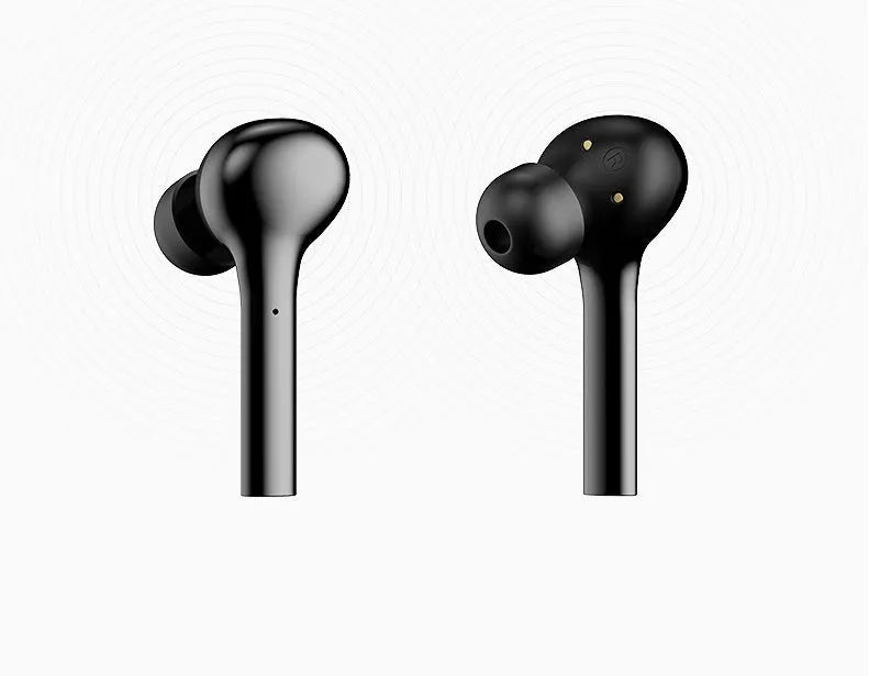 Black and white wireless Bluetooth earbuds with touch controls and charging case