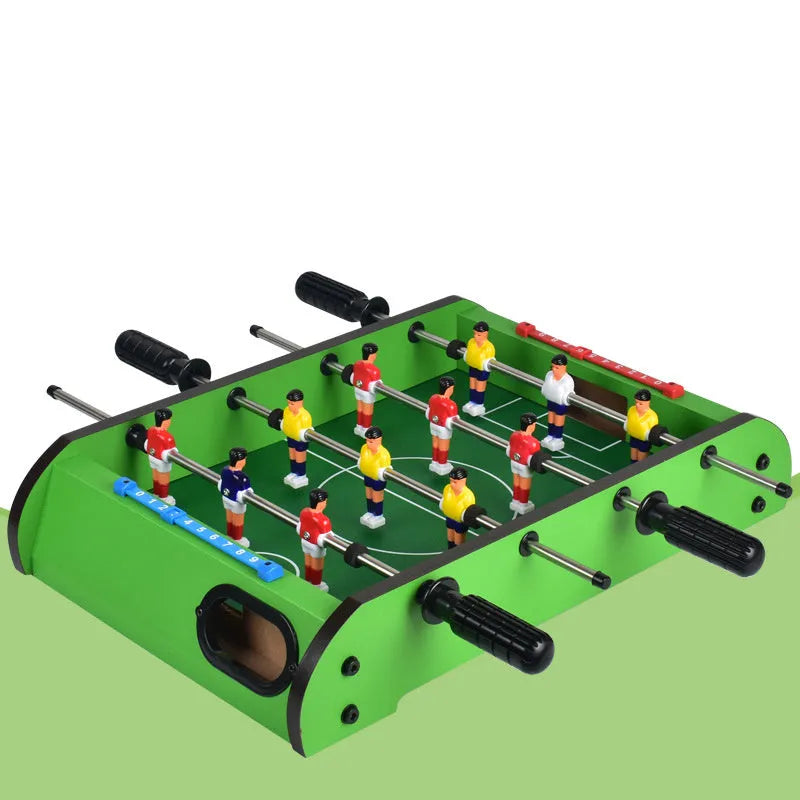 Wooden table football machine with two-person play handles, designed for children and adults.