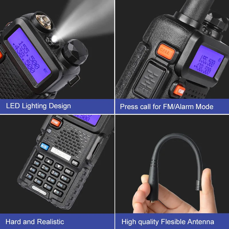 A black dual-band walkie talkie with antenna, showing its compact 110x58x32 mm size.