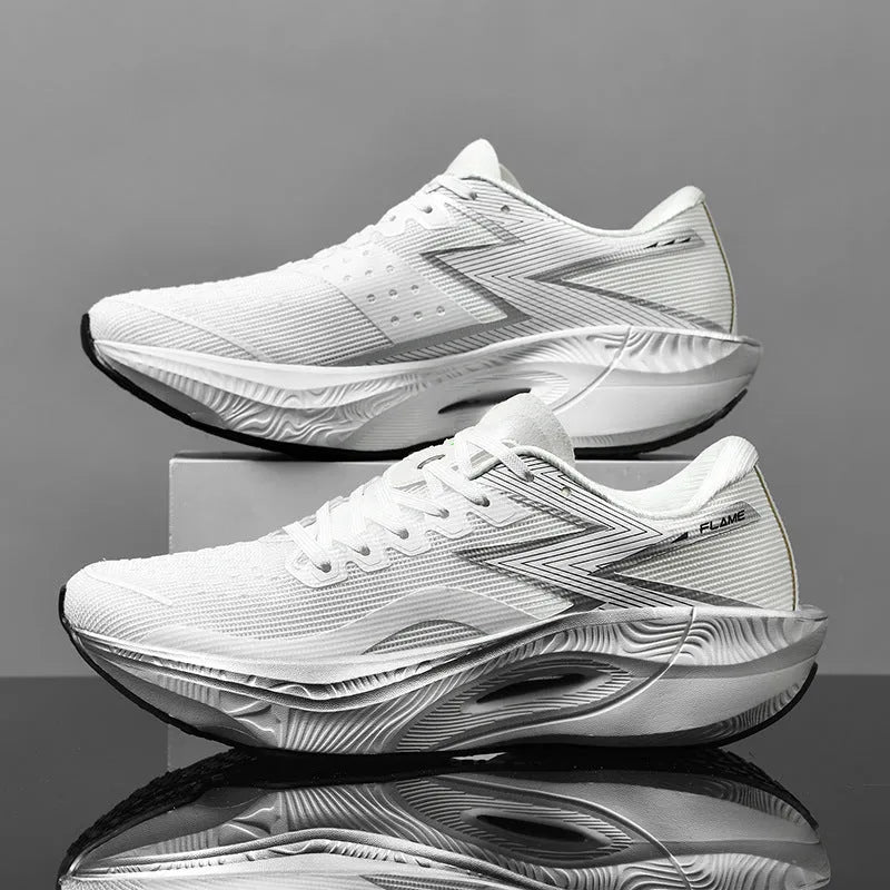 Low-top running shoes with carbon plate in orange, white, pink, sand, and purple colour options on a white background.