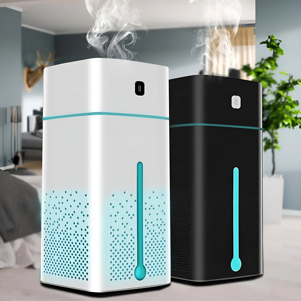 Black or white USB-powered desktop humidifier with 1000ml water tank.
