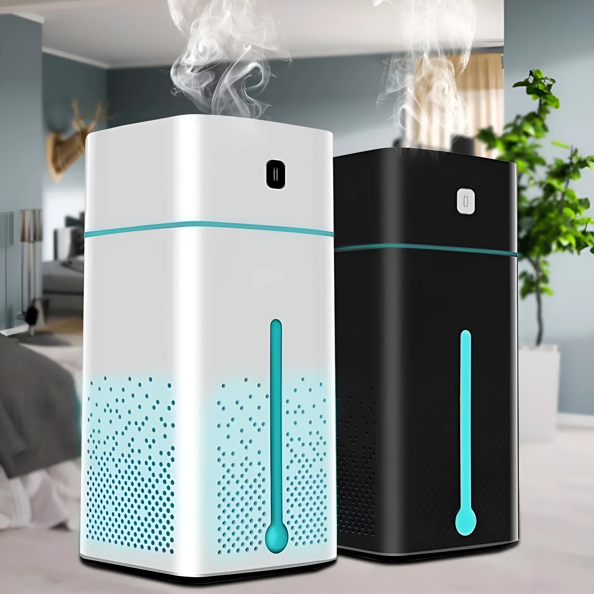 Black or white USB-powered desktop humidifier with 1000ml water tank.