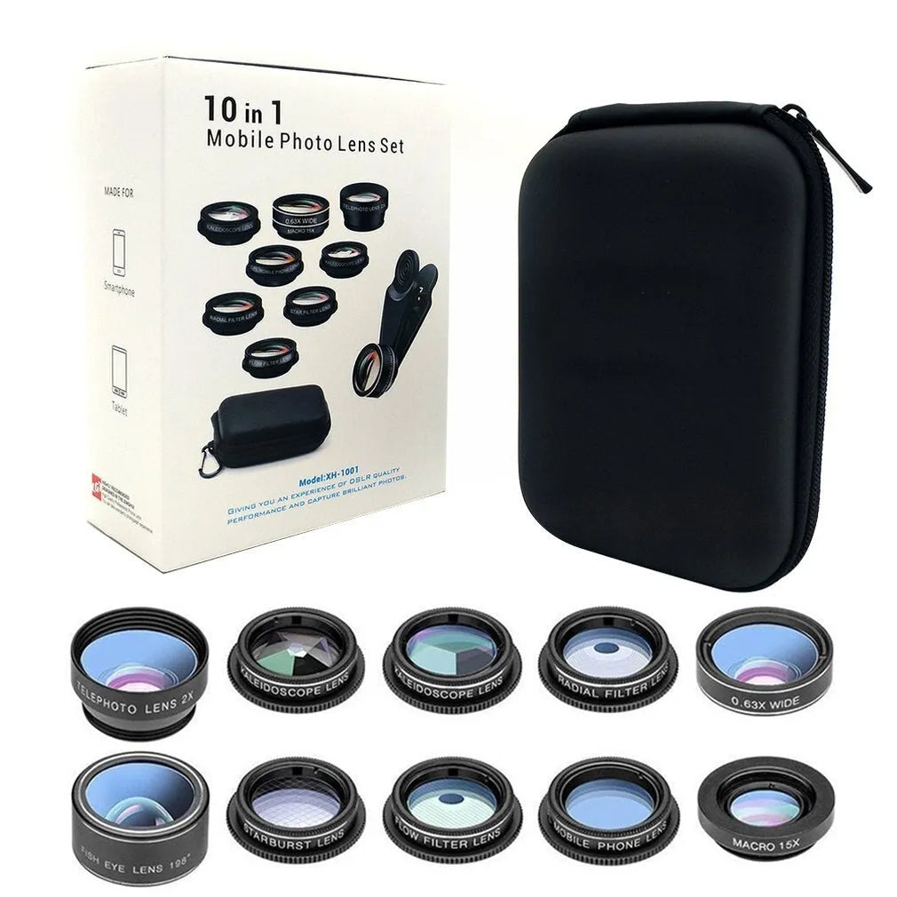 Black 10-in-1 mobile phone fisheye lens set with external camera attachments on aluminium-magnesium alloy mounts
