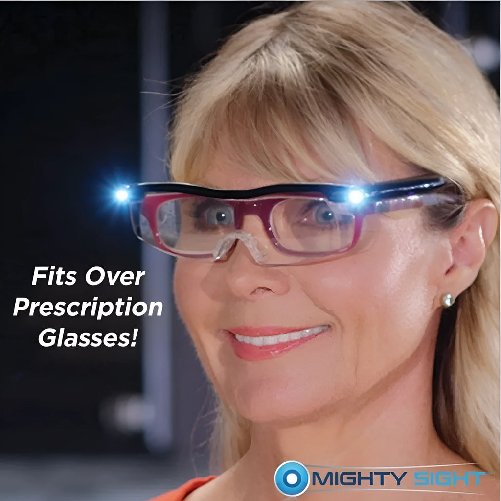 Transparent black USB LED reading glasses with scheduled light control on desktop