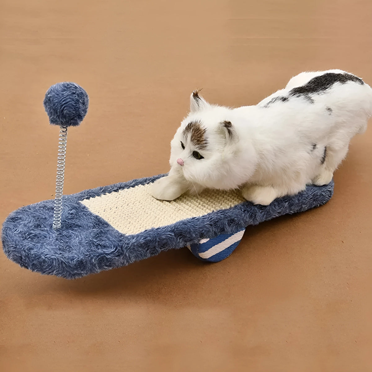 PP cat kitten seesaw toy in royal blue cat scratch board or khaki, a throwing toy for indoor play