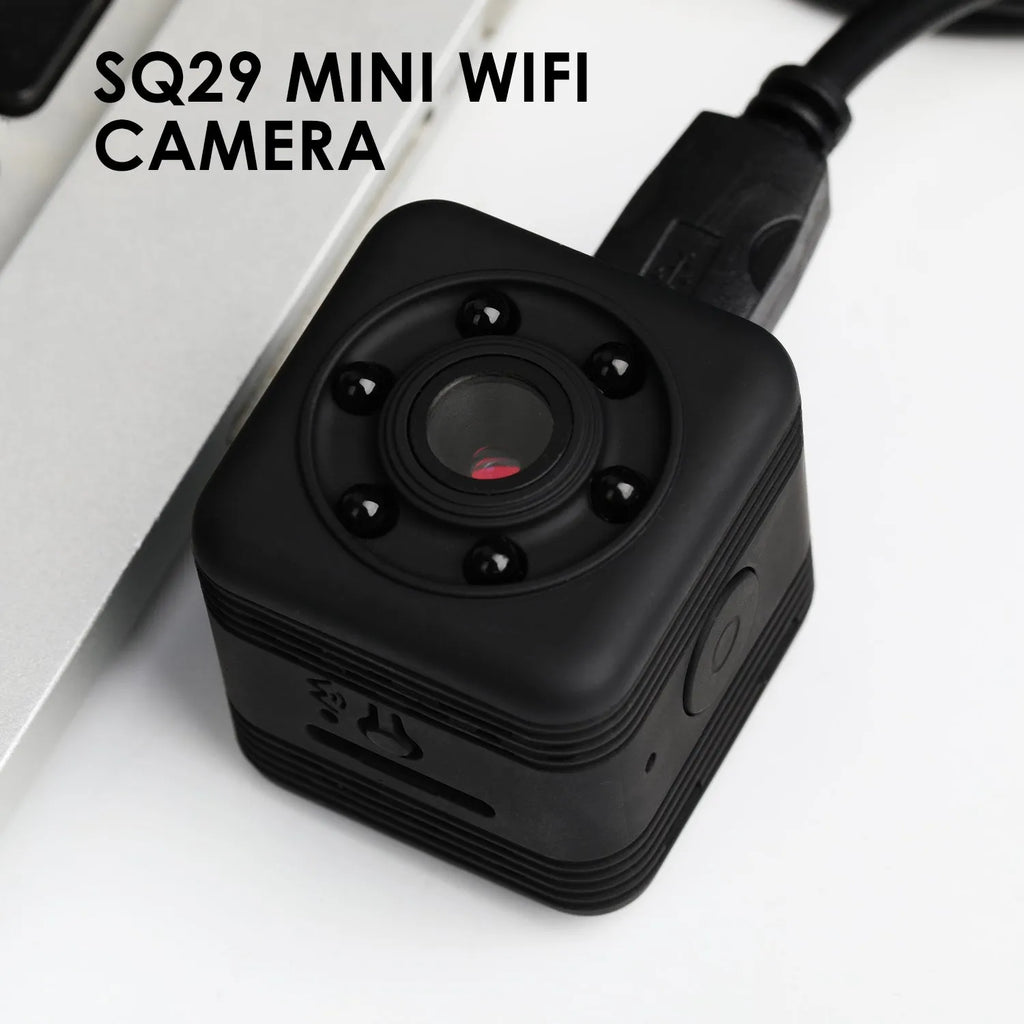 SQ29 black waterproof sports camera showing compact square design with MicroUSB port