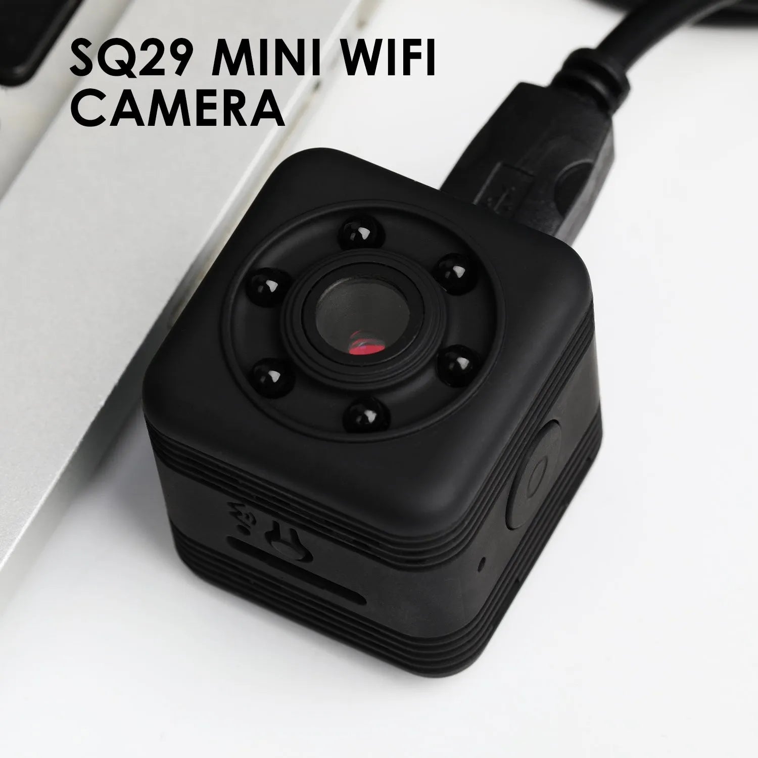 SQ29 black waterproof sports camera showing compact square design with MicroUSB port
