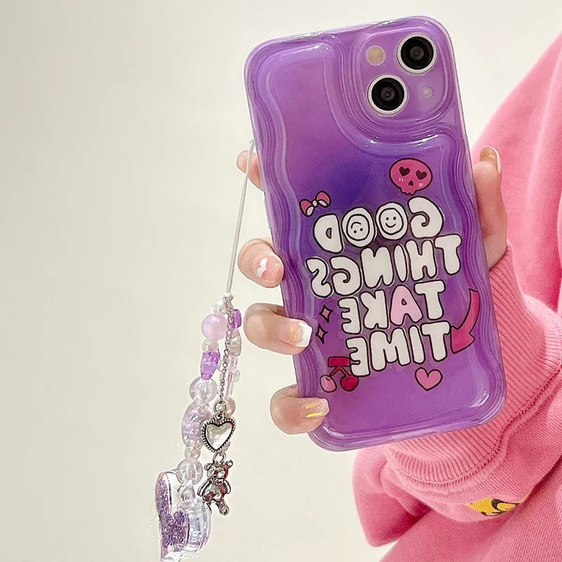 Purple graffiti English love design iPhone case with attached chain bracelet and pendant
