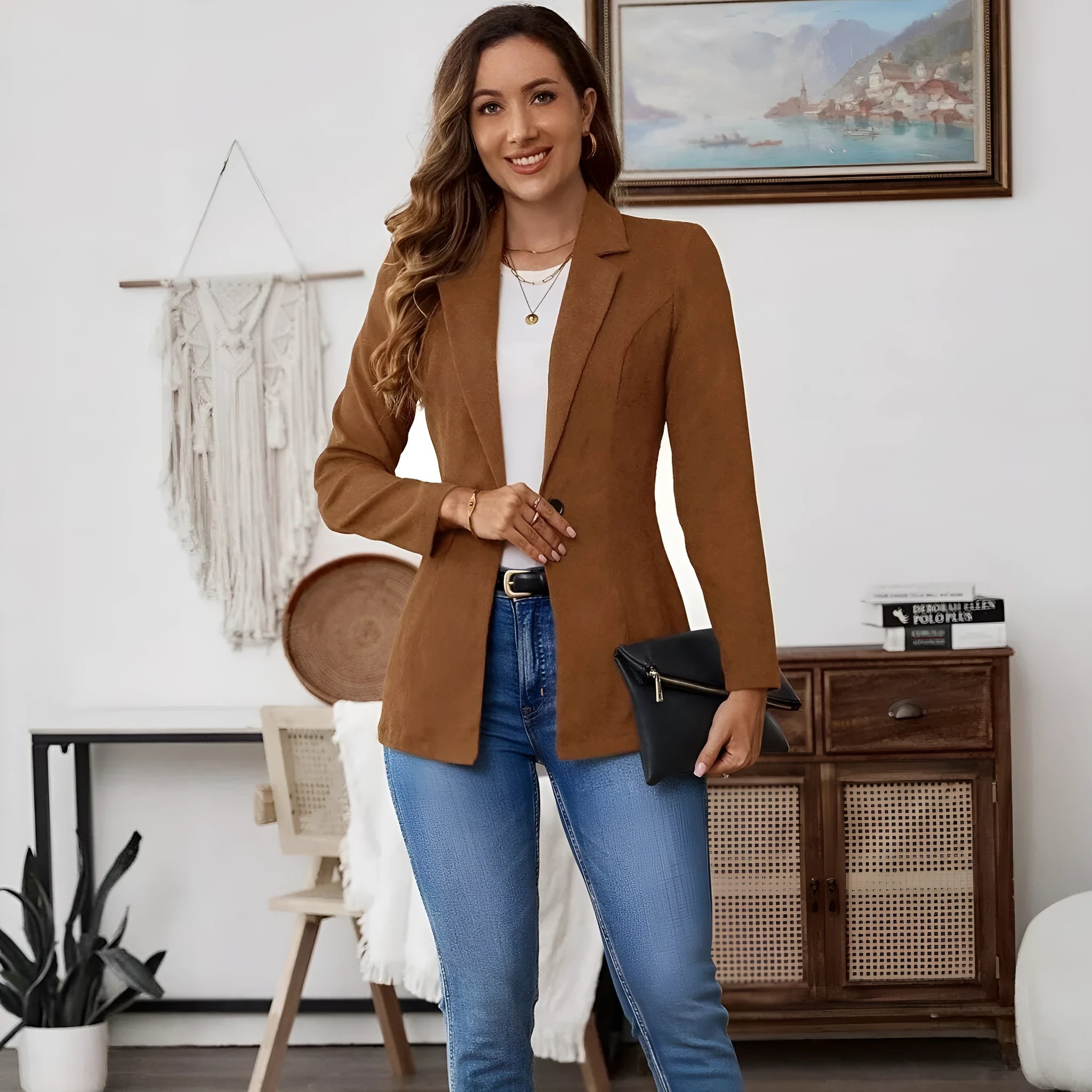 Brown single-breasted men's suit blazer with notch lapels on hanger