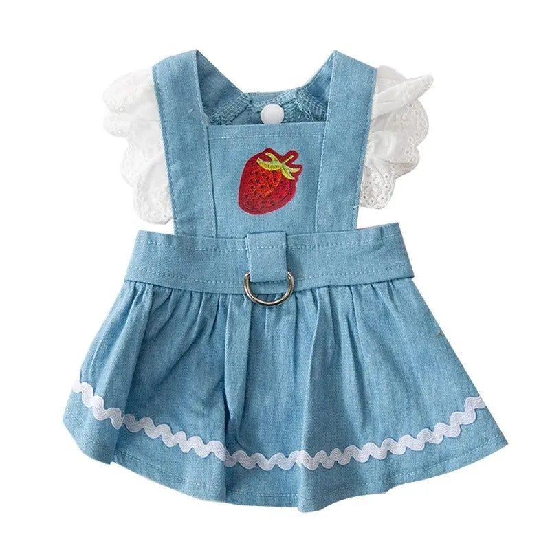 Strawberry print denim dog skirt with traction dots on Bondi Blue background