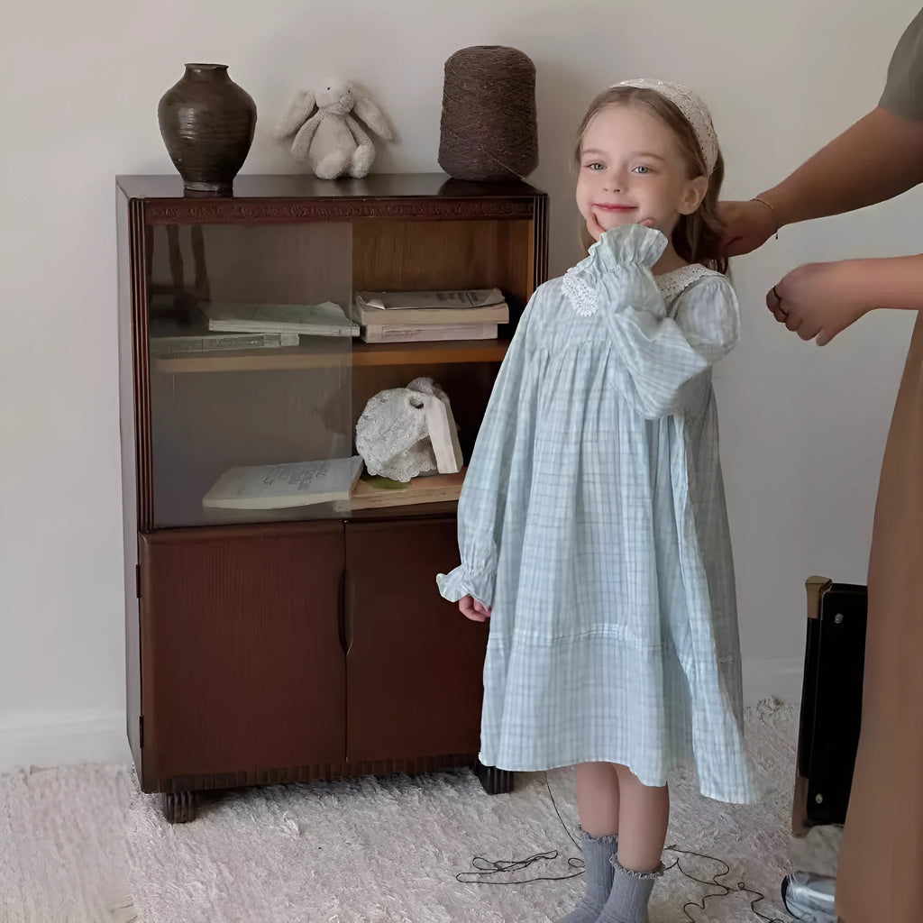 Girls light blue plaid cotton dress with lace detail available in sizes 90cm to 140cm