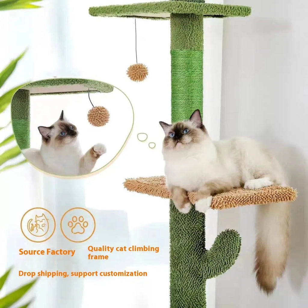 Tall solid wood cat tree with integrated scratch board, cat nest, and toy for large cats.