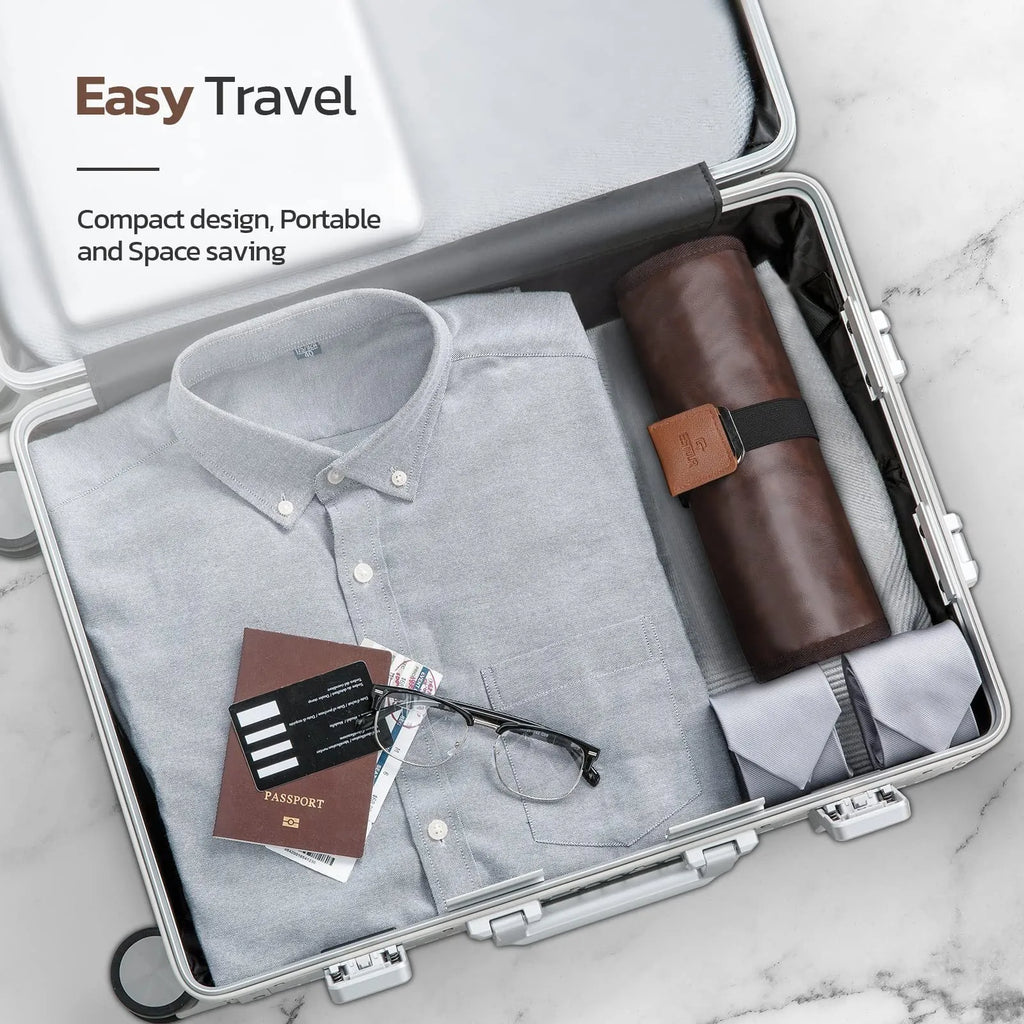 Men's portable reel wash bag in black or light brown with buggy bag design for travel toiletries storage