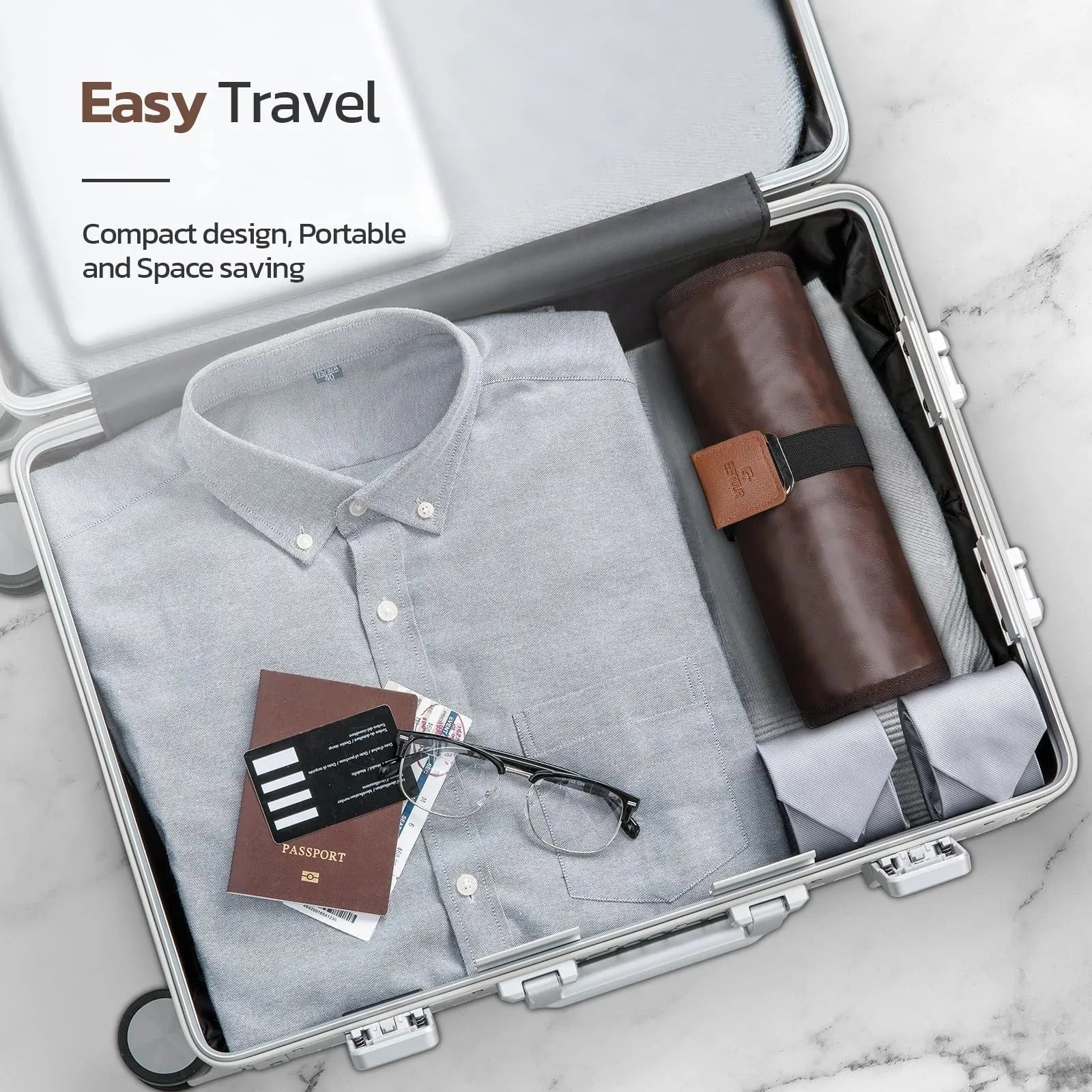 Men's portable reel wash bag in black or light brown with buggy bag design for travel toiletries storage