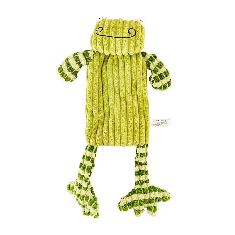 Orange and green plush dog toy with squeaker for aggressive chewers