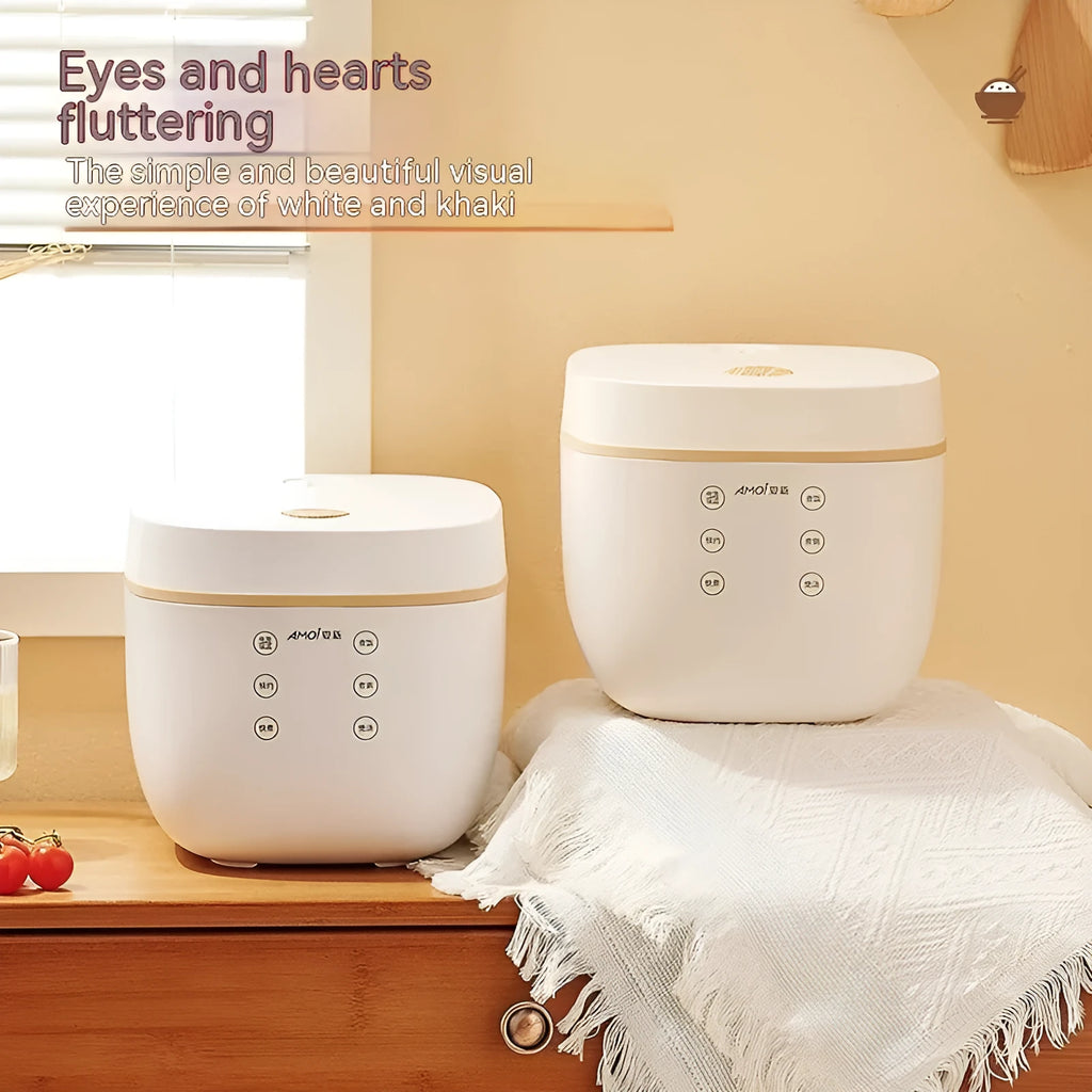 Beige or white 3L rice cooker with black crystal inner pot and six function controls